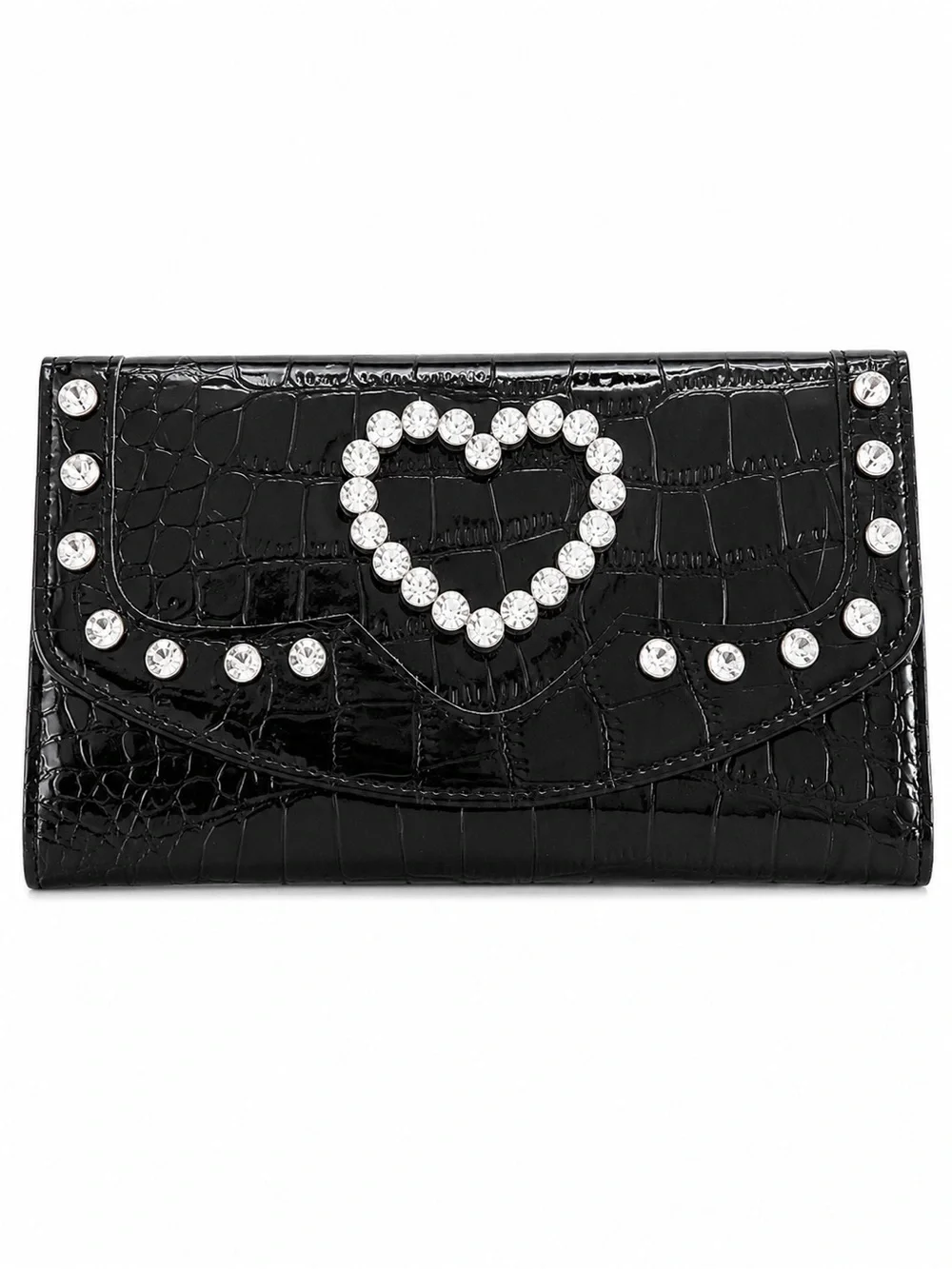 Black Faux Croc-Embossed Wallet Clutch with Crystal Heart Accent